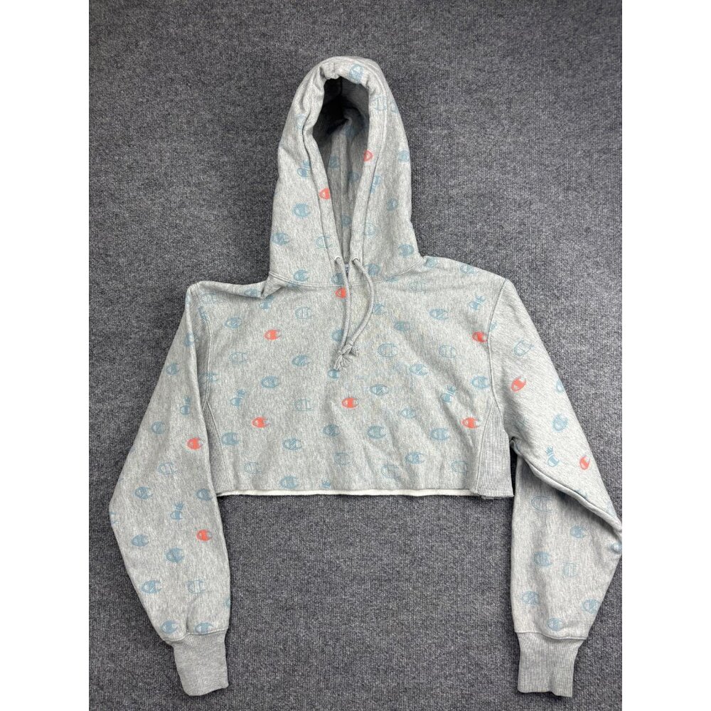 Champion Reverse Weave Hoodie Womens Small Gray Cropped All Over Logo Print‎